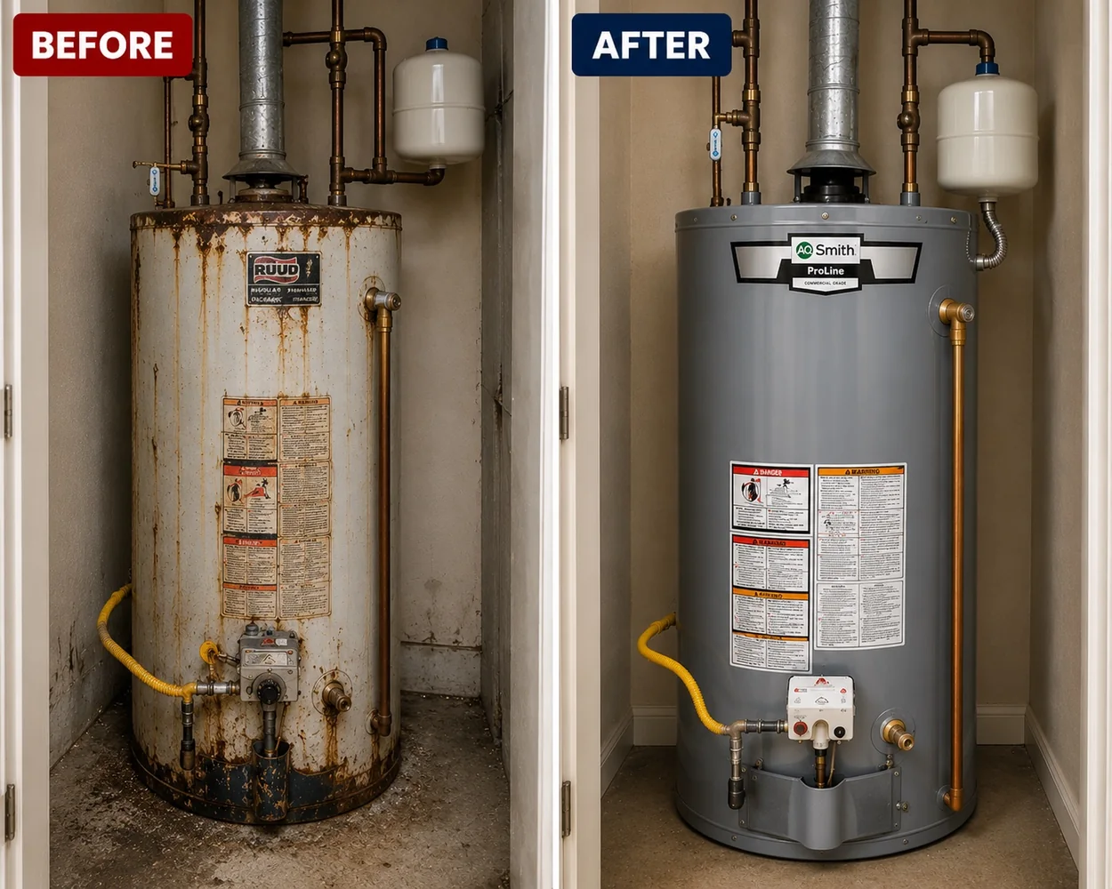 Before and after residential water heater replacement